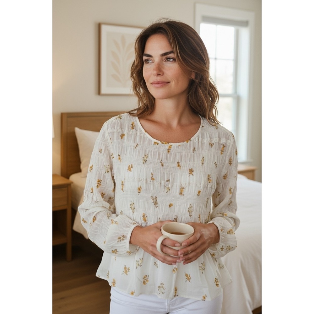 Rebecca Taylor Cream Floral Long-Sleeve Smocked Blouse